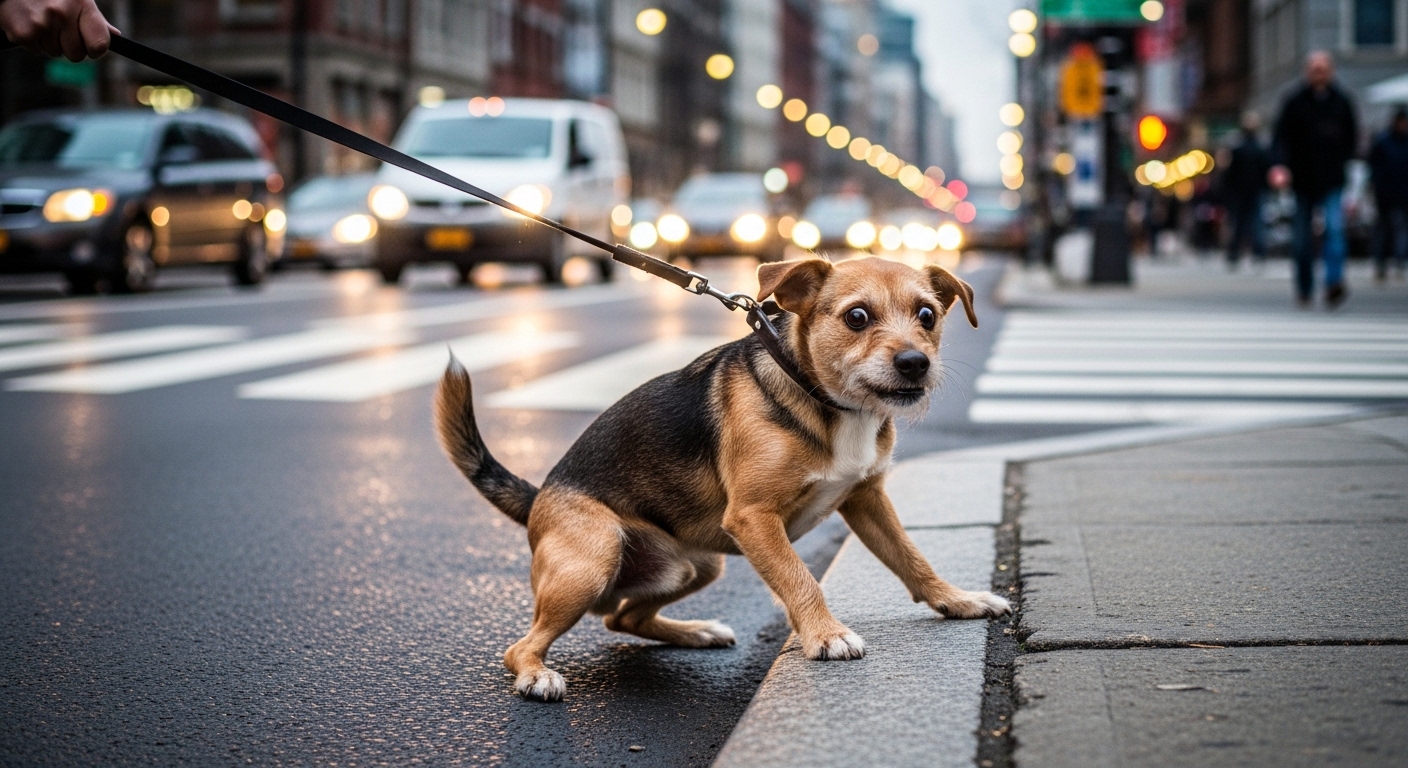 scared dog pulling backward on leash to escape