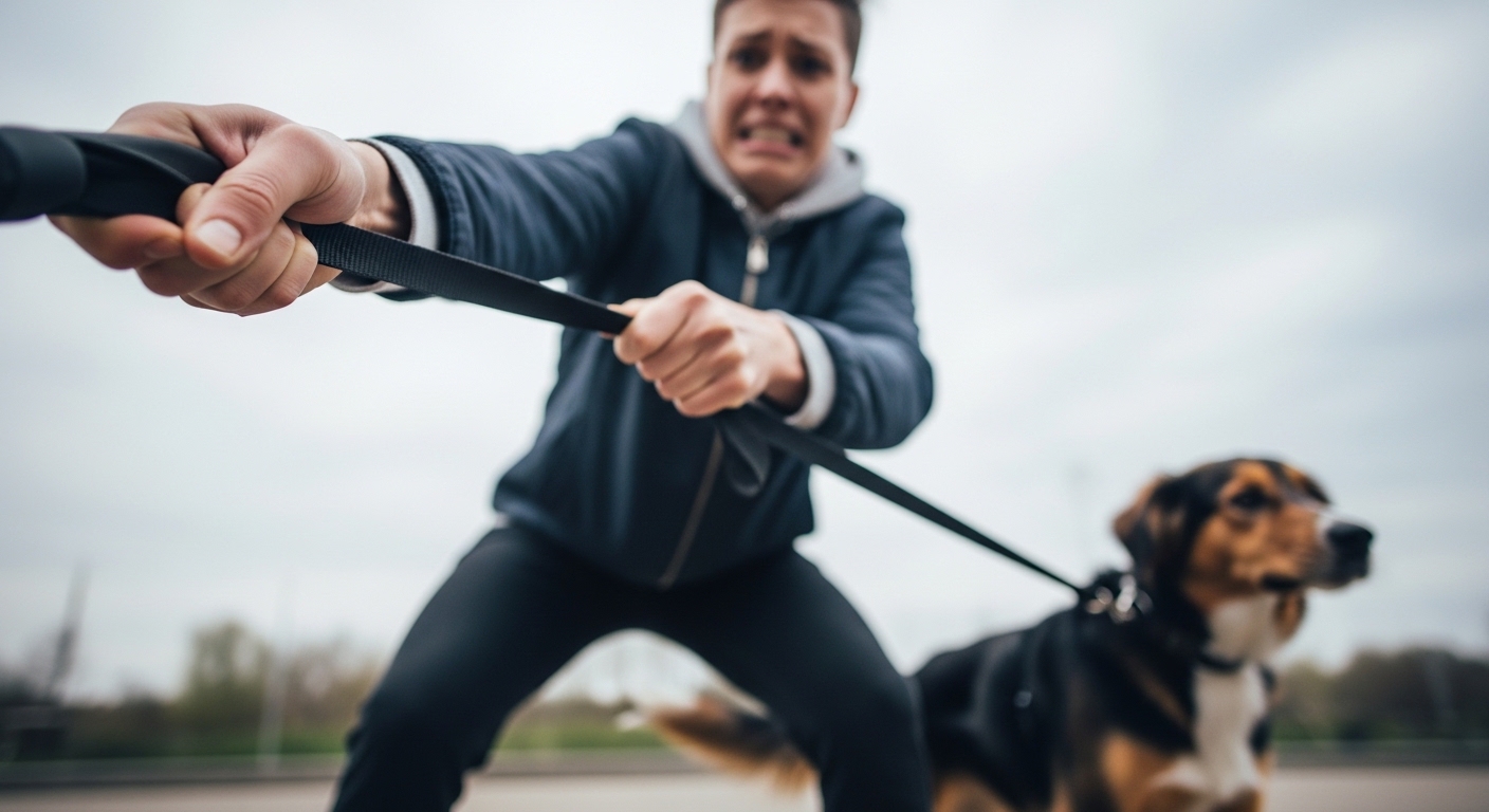 owner tightly gripping and pulling back on dog leash