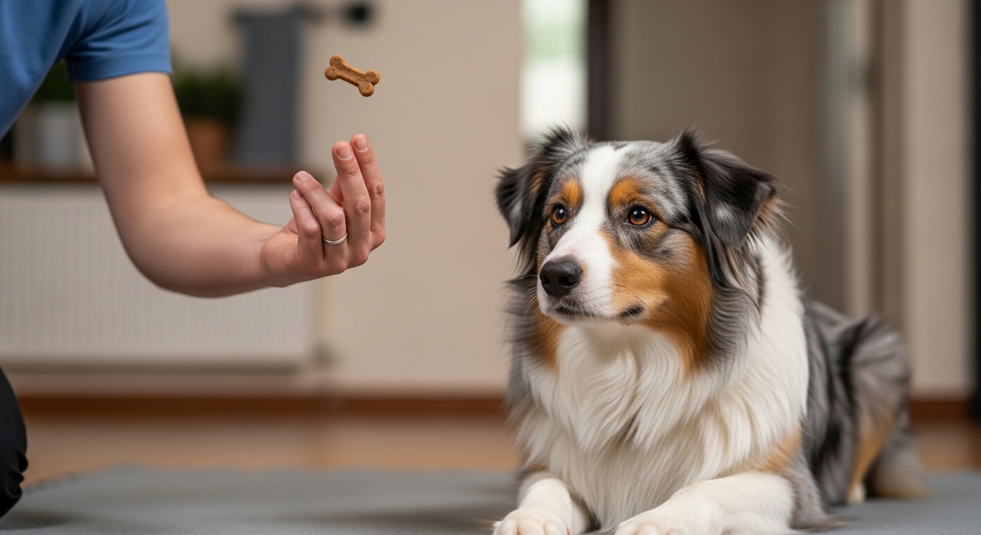 Tossing a treat to a relaxed dog on a mat