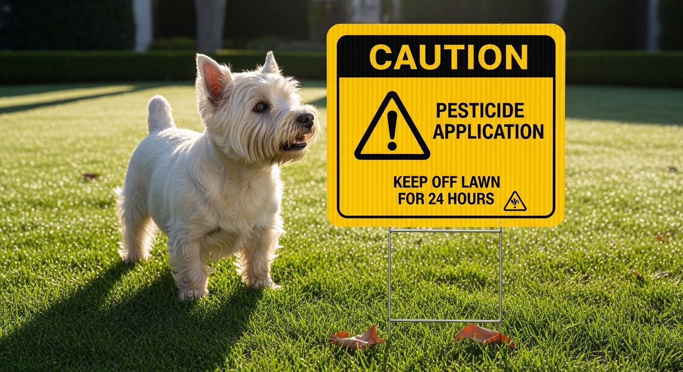 Terrier looking at pesticide warning sign on green lawn