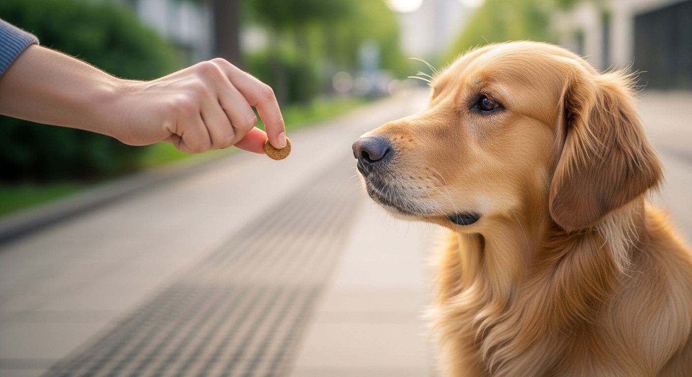 owner feeding treat to calm dog on sidewalk