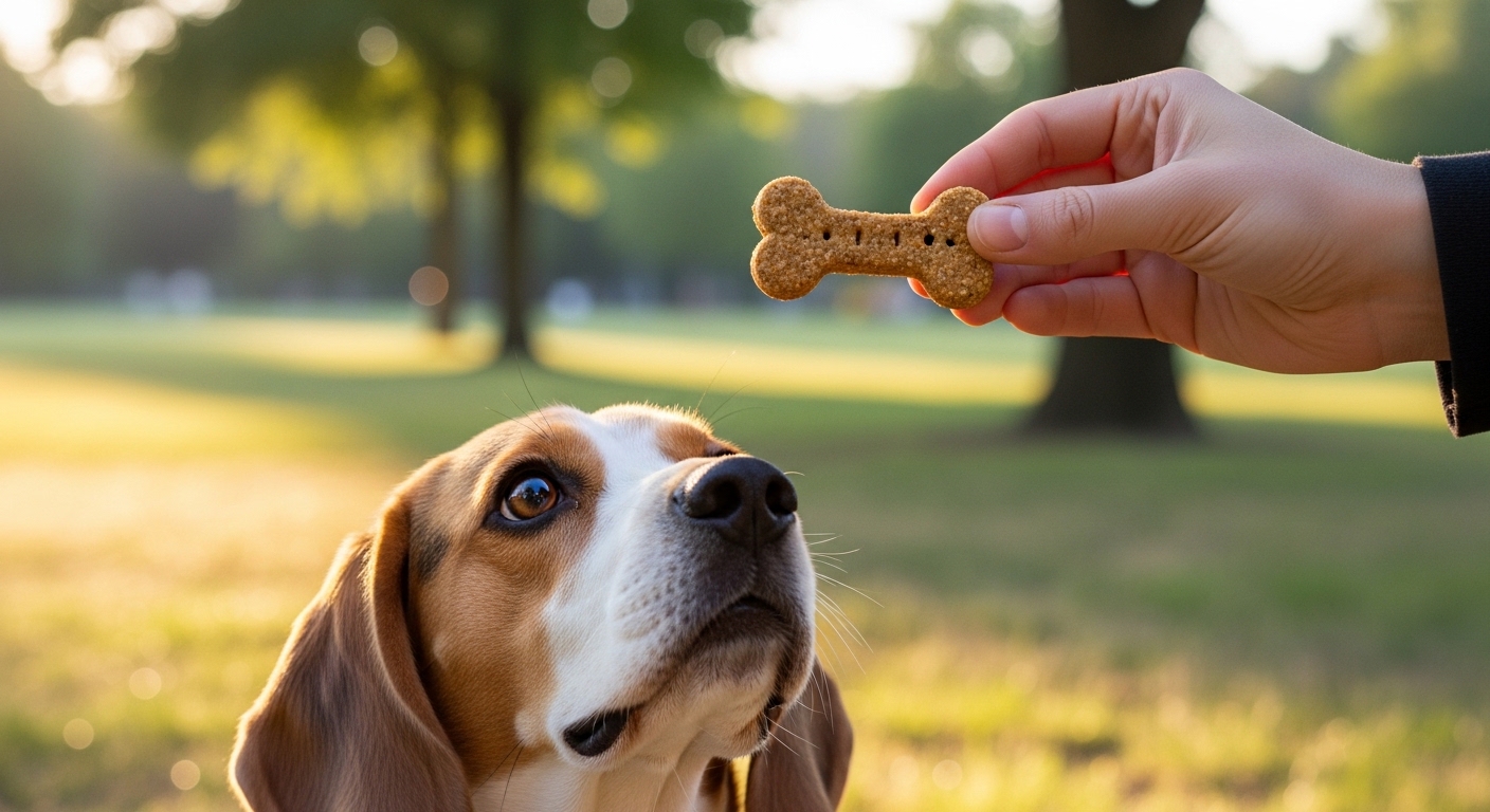 Person holding dog treat for an eager beagle outdoors