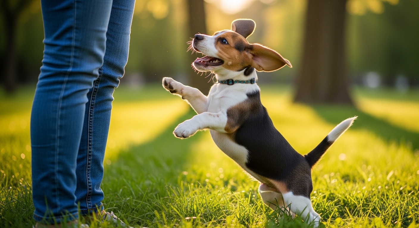 beagle puppy jumping up on a person in park