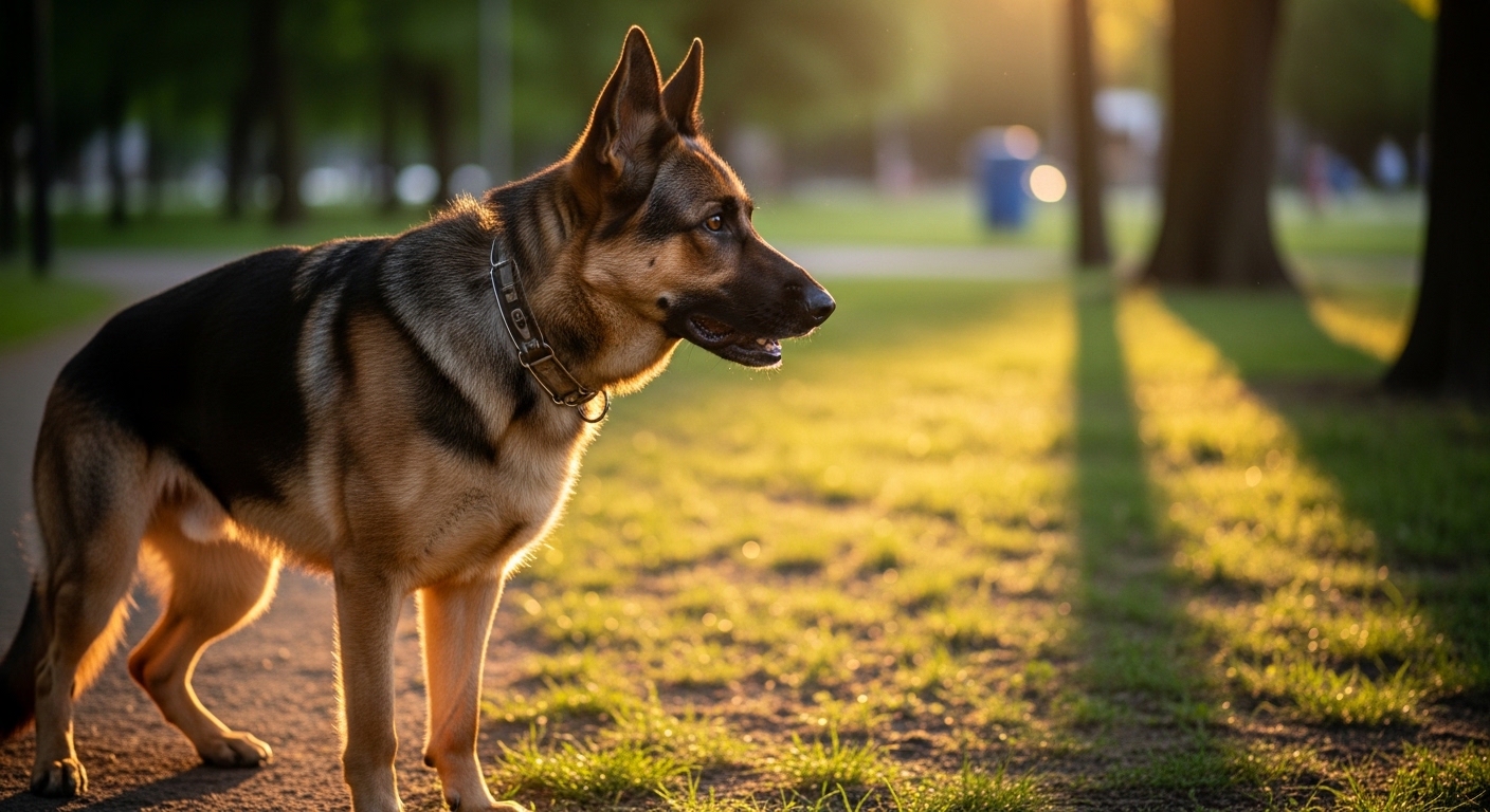 tense dog staring intently at a trigger in park