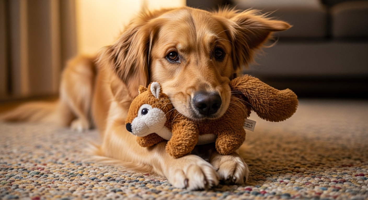 golden retriever holding a plush toy tightly on a rug