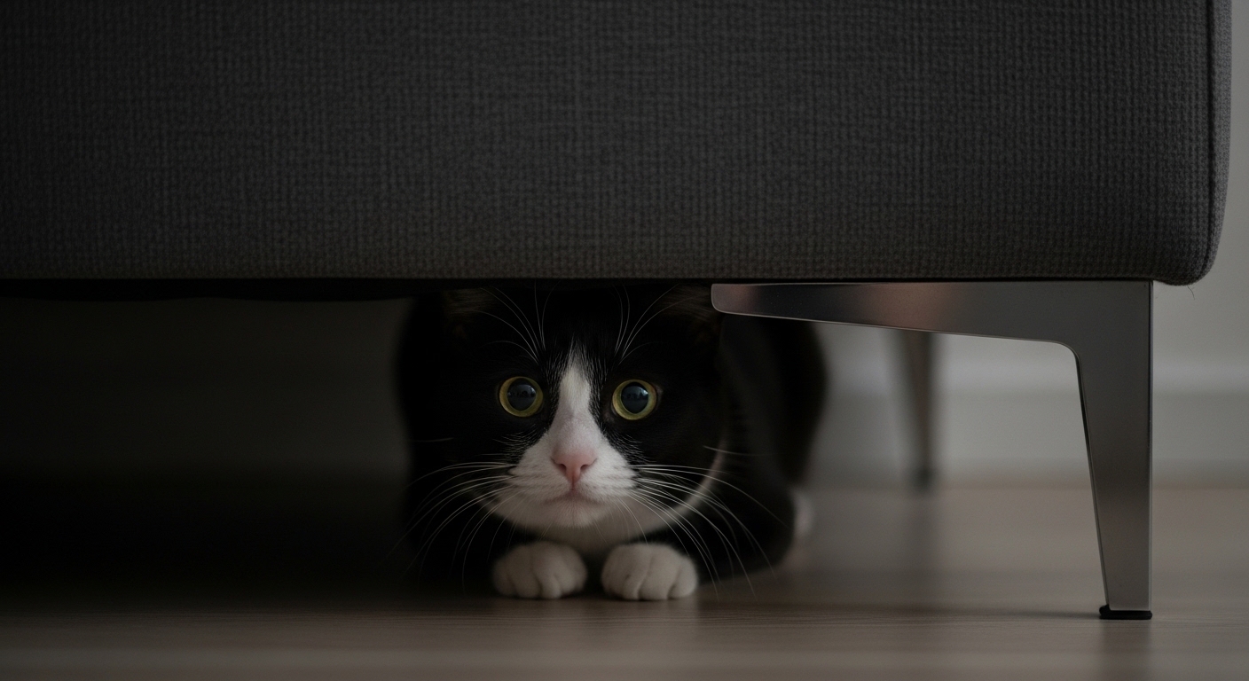 anxious cat hiding in the shadows under a sofa