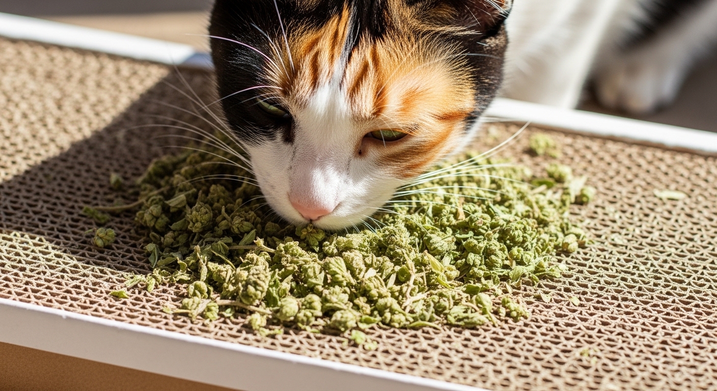 calico cat sniffing a cardboard scratcher covered in catnip