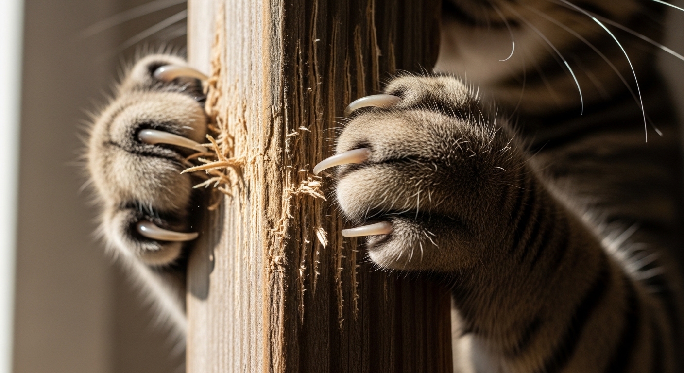 close up of cat paws scratching a vertical wooden post