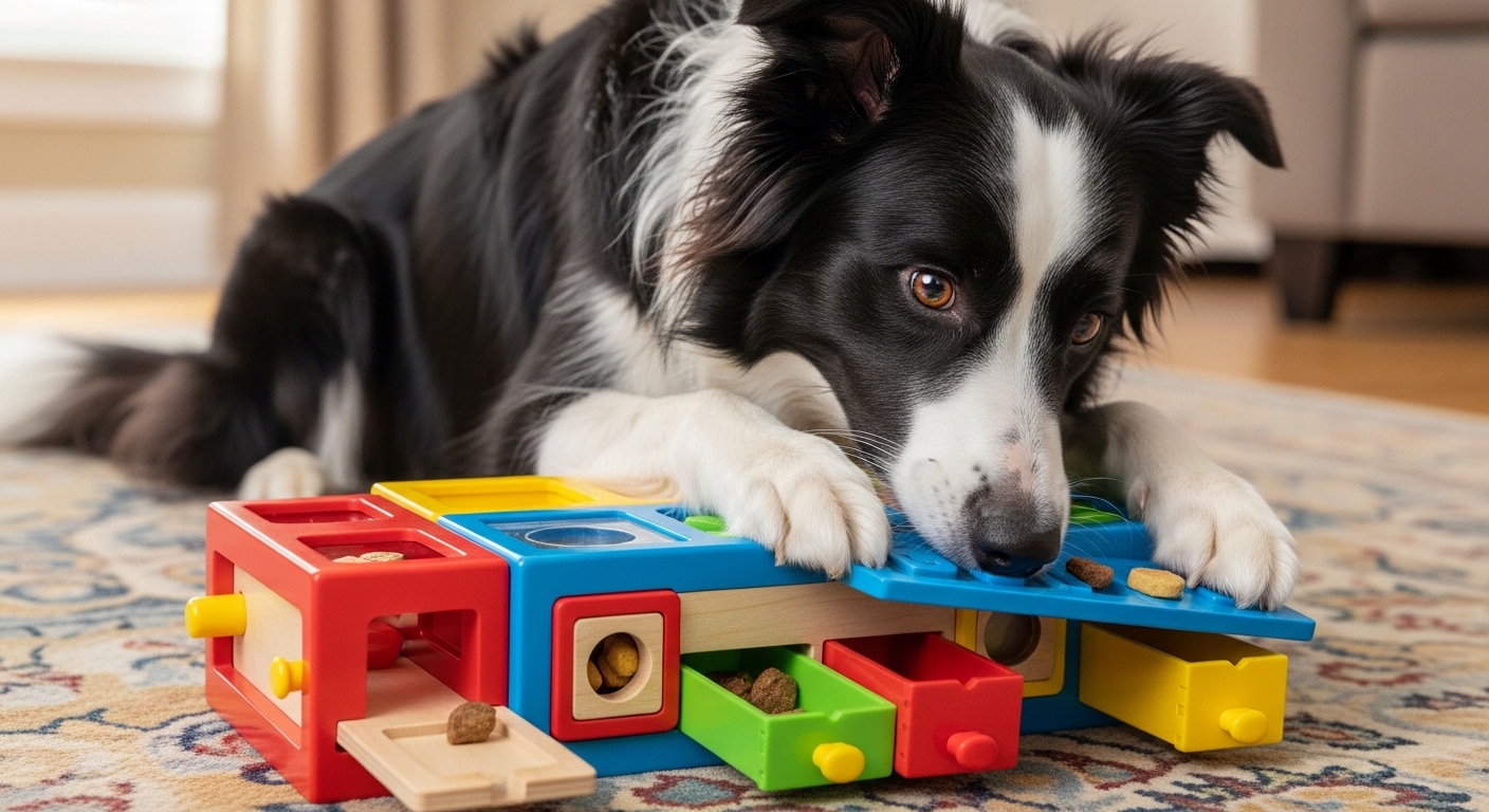 Border collie playing with colorful puzzle toy indoors