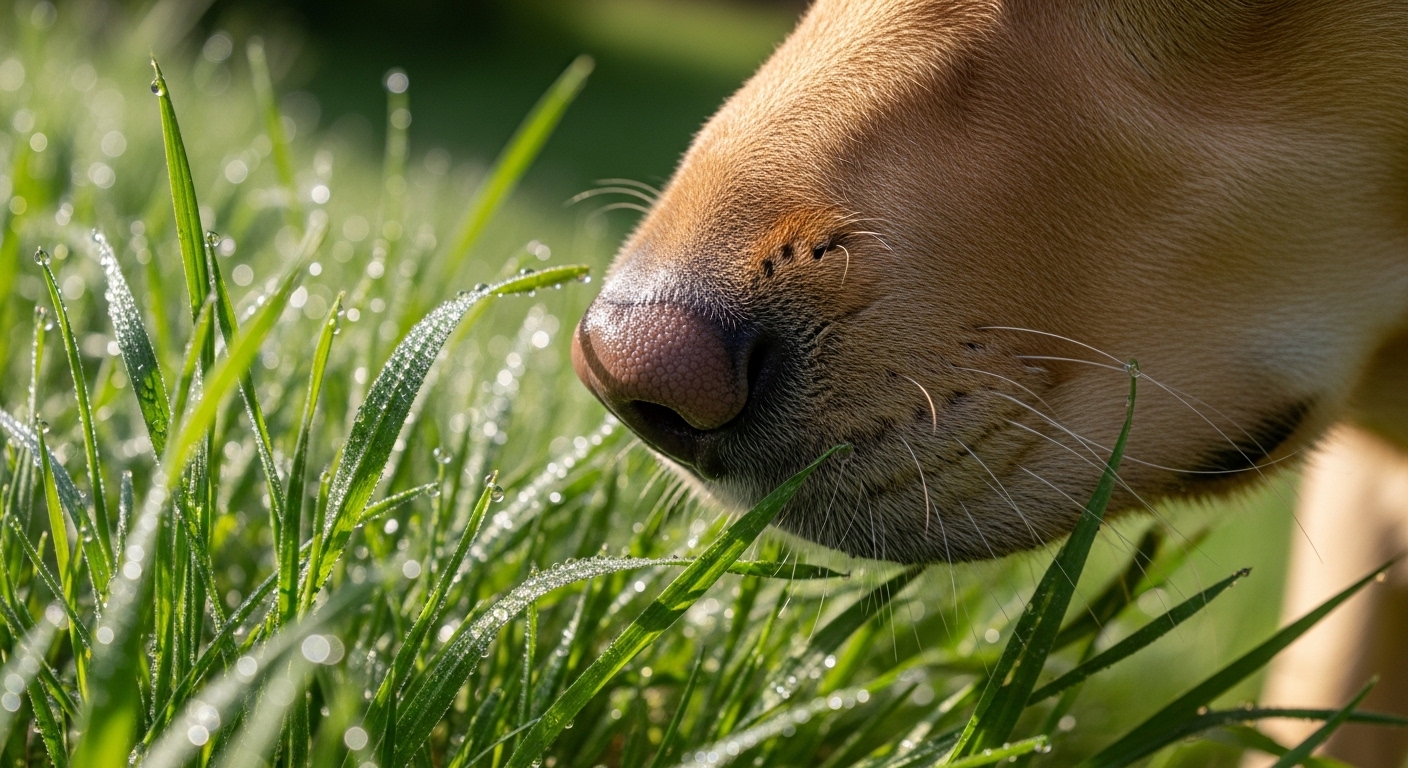Close up of dog snout sniffing tall dewy green grass