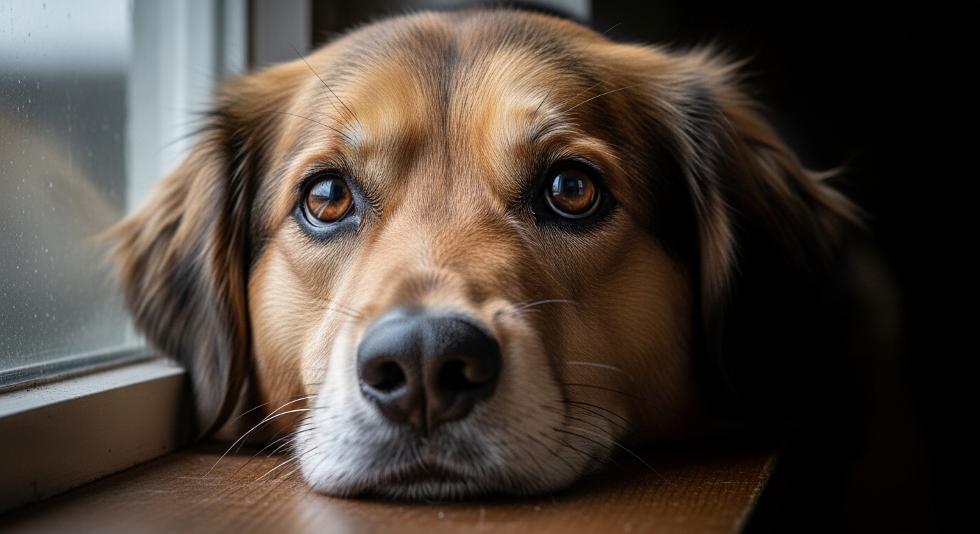 Worried dog looking out a window