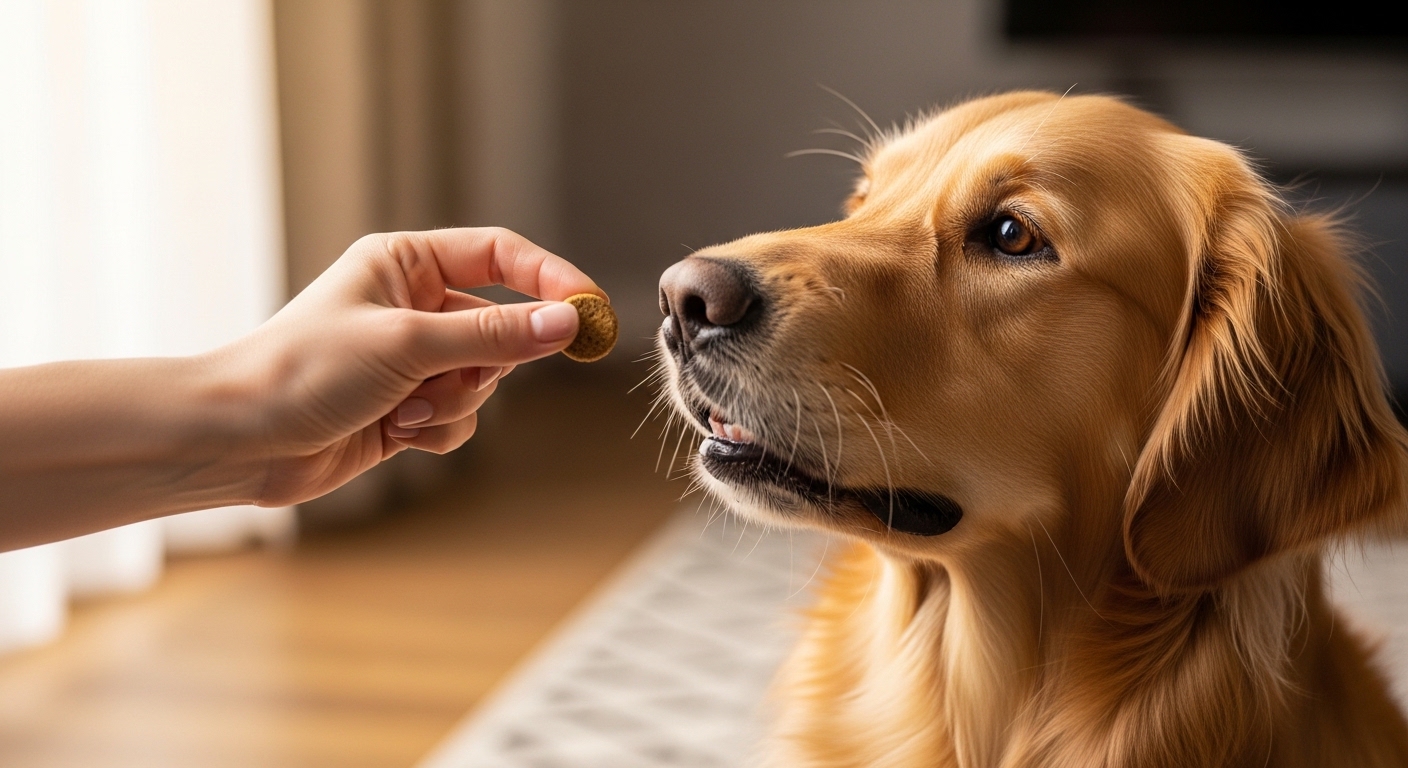 owner giving a treat to a calm dog