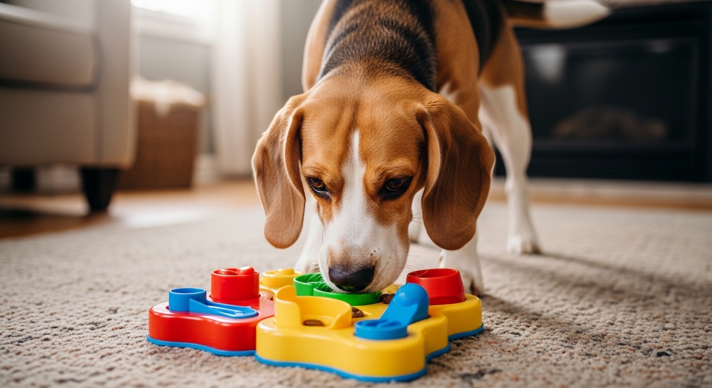beagle playing with a puzzle toy