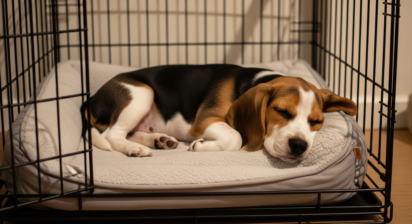 beagle puppy sleeping peacefully inside a wire crate