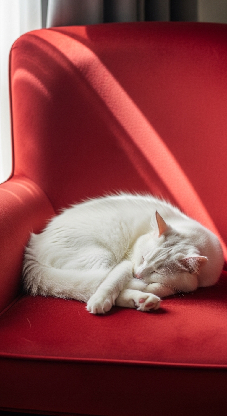 fluffy white cat sleeping on a pristine velvet armchair