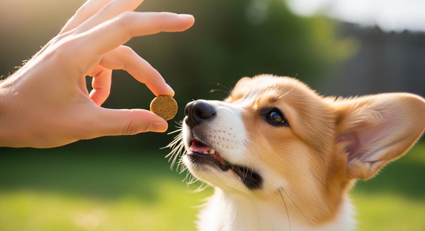 hand giving a treat to a corgi puppy outdoors