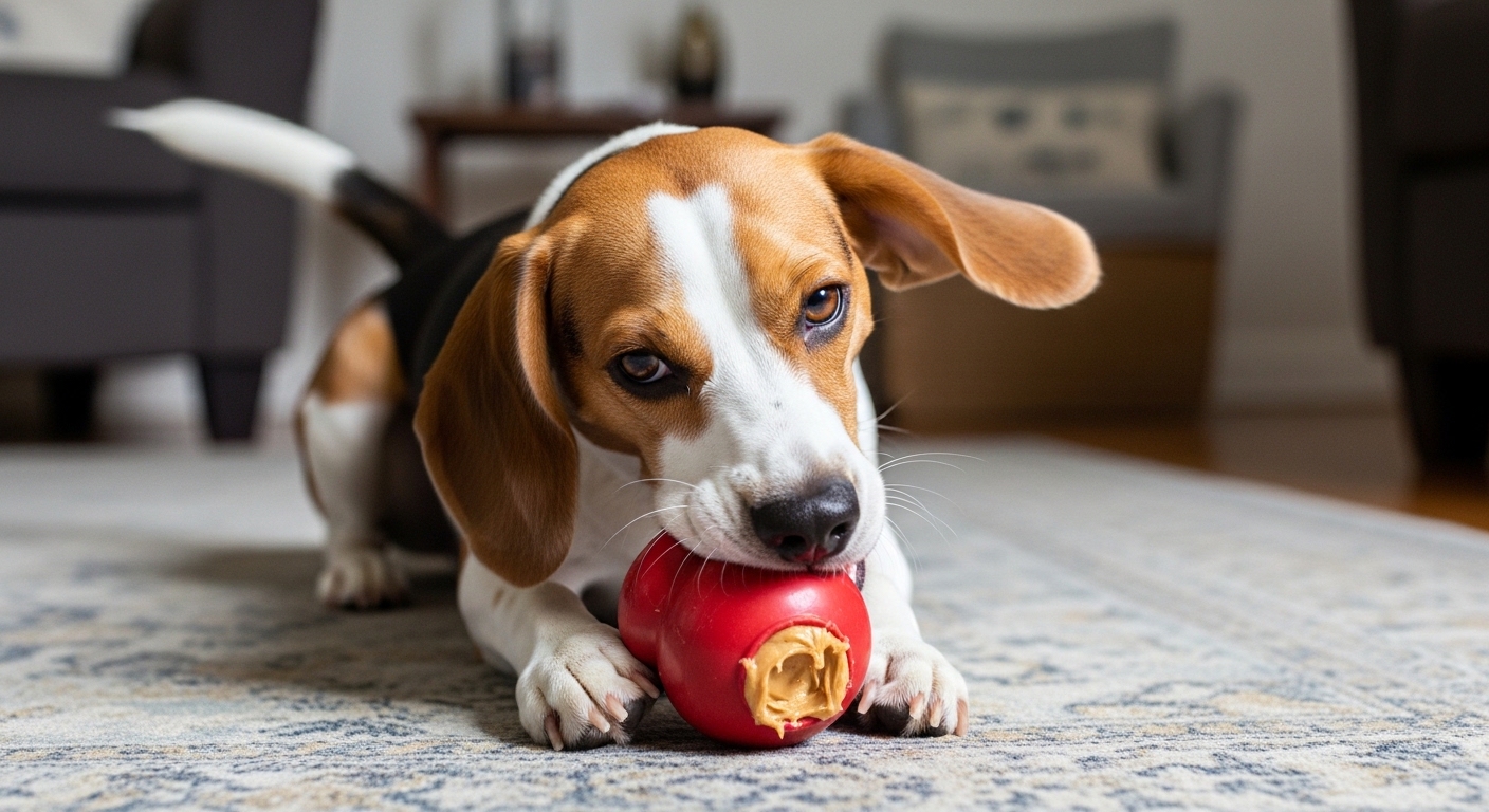Beagle chewing on a red puzzle toy