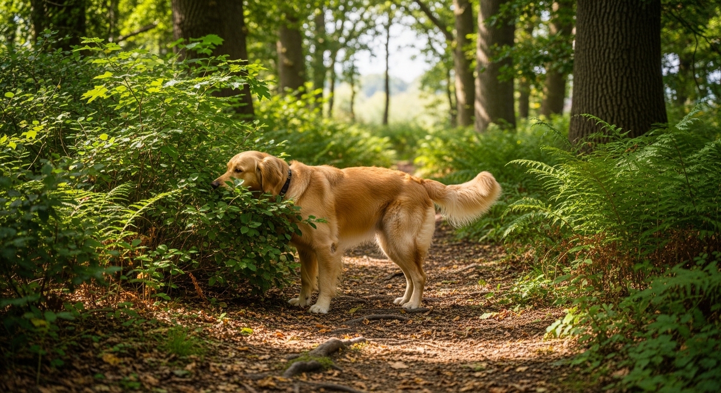 relaxed dog sniffing bush on a woodland trail