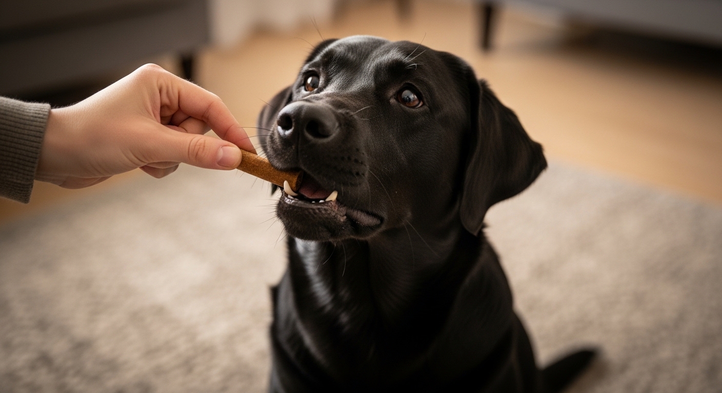 black lab sitting patiently for a training treat