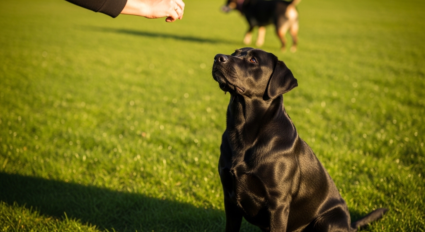 owner giving treat to calm dog at a distance
