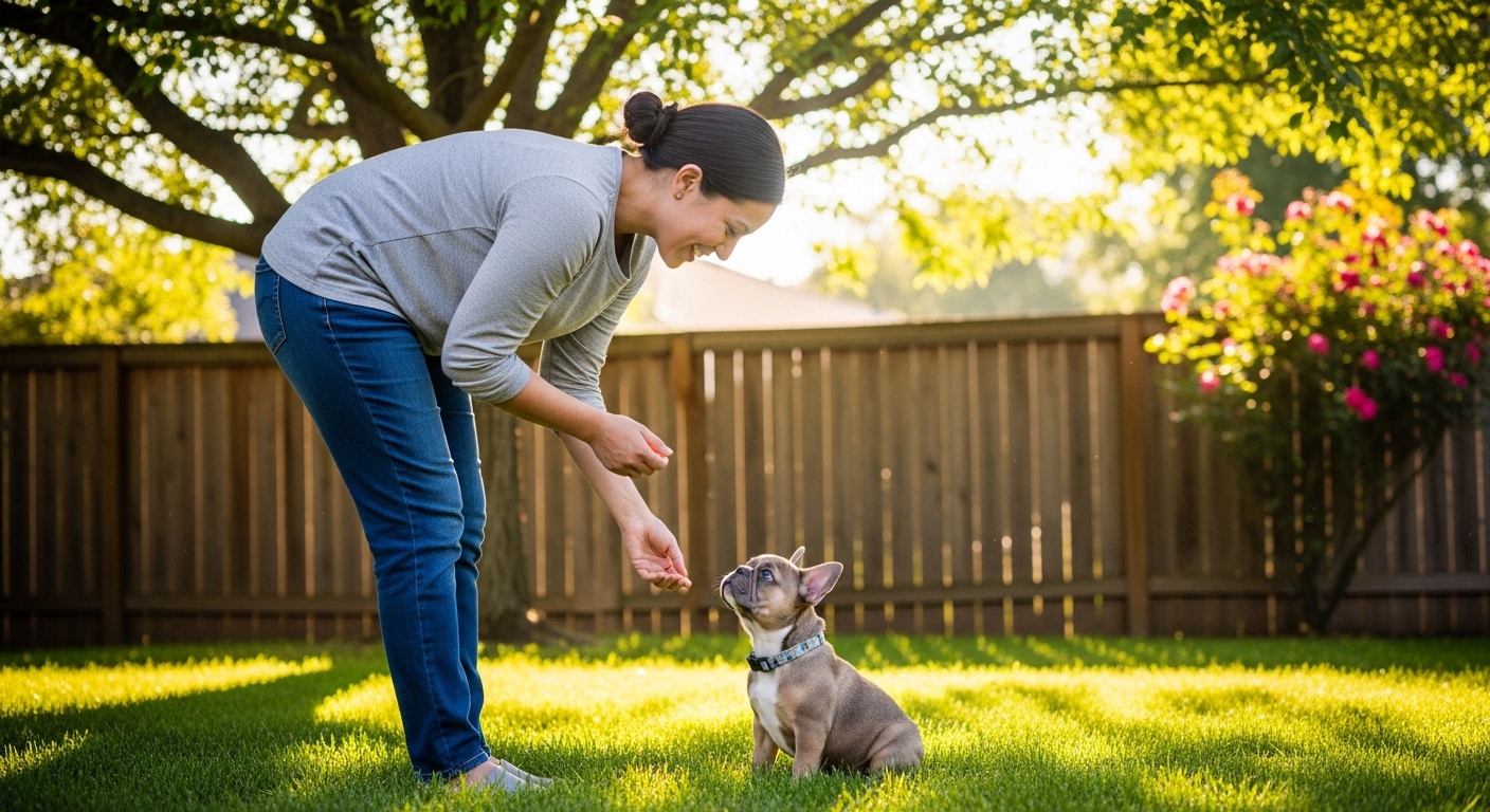 owner praising french bulldog puppy in the grass