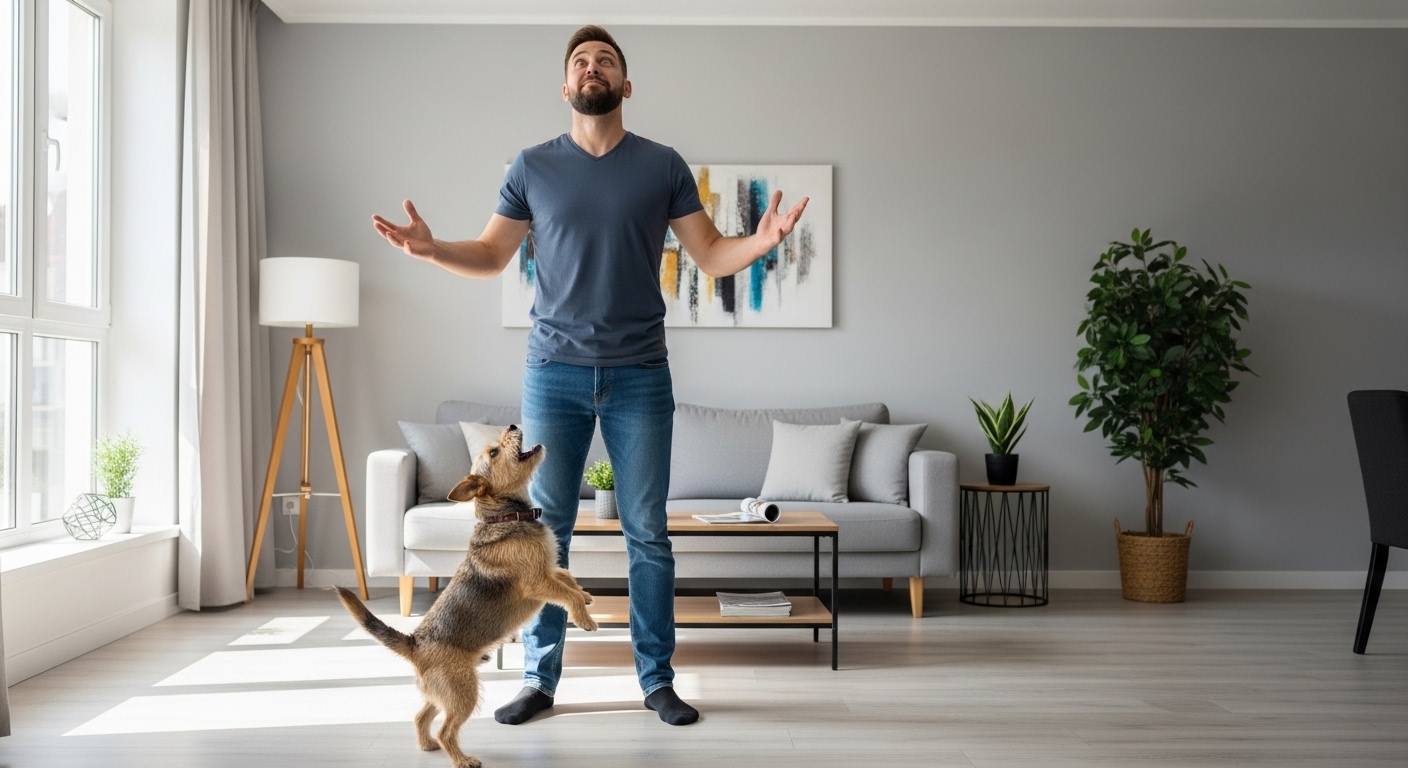 frustrated owner with a barking terrier