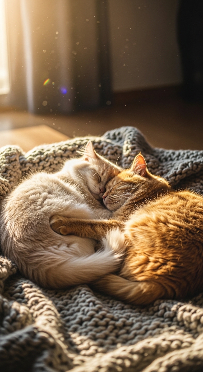 two fluffy cats curled up together sleeping on a blanket