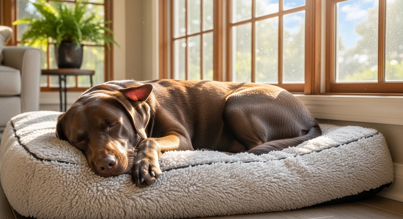 relaxed dog sleeping peacefully on a comfortable dog bed