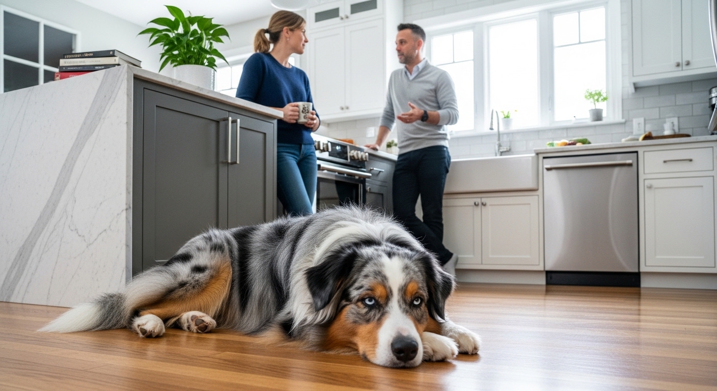 Australian Shepherd lying calmly at people's feet
