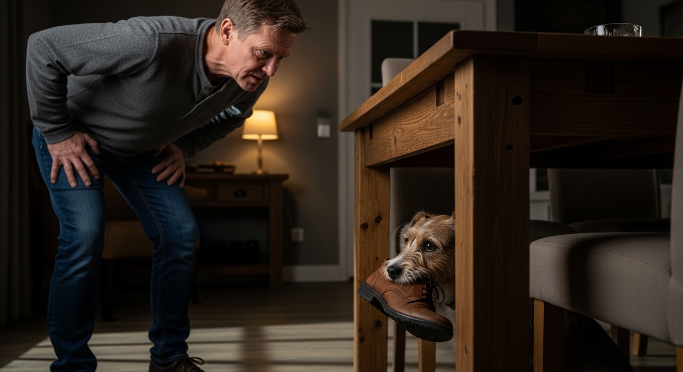 frustrated owner looking at dog hiding under table with shoe