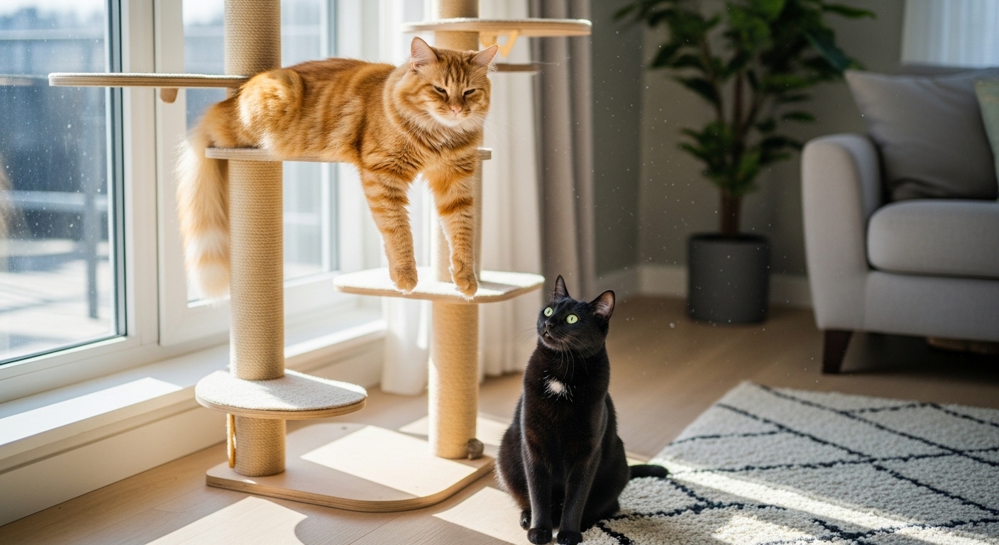 one cat on a tall cat tree and another below