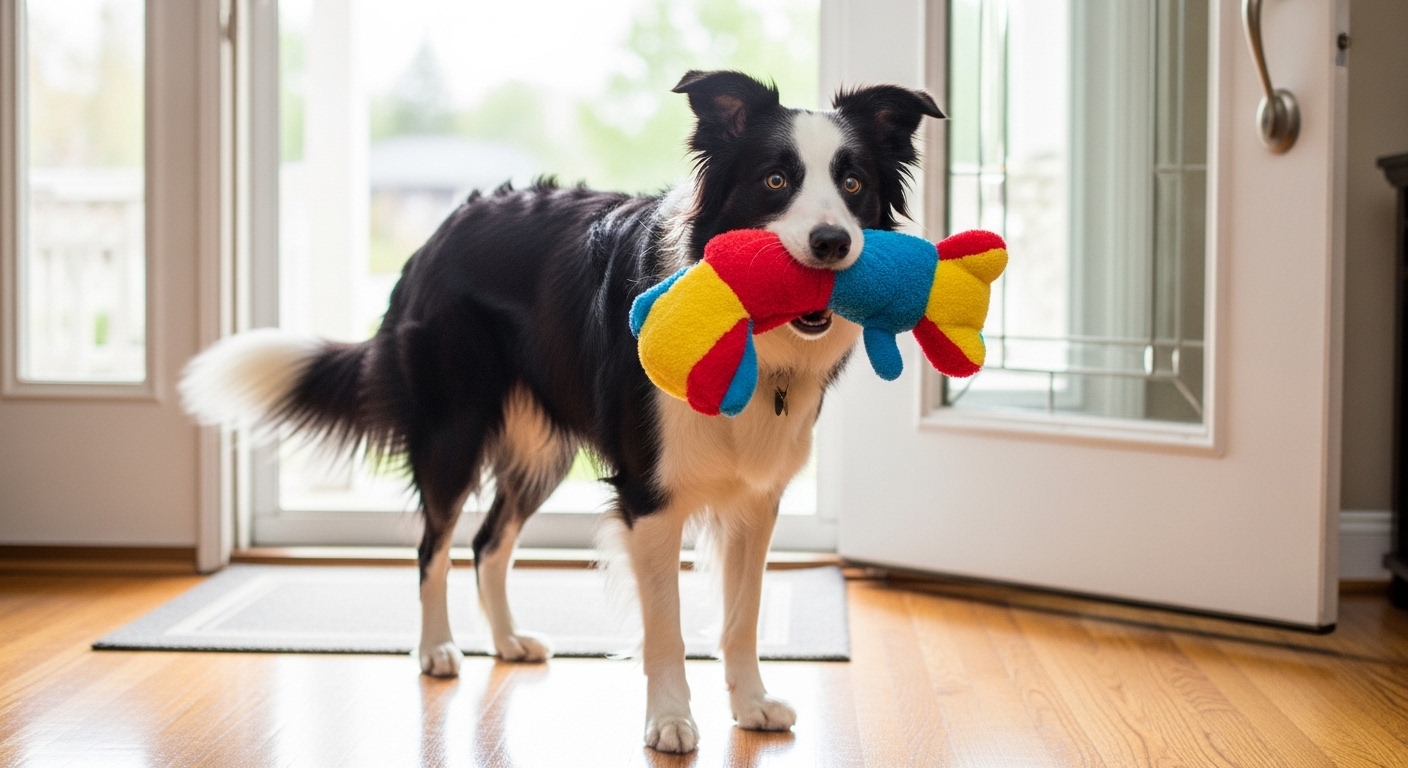 border collie holding a toy near front door