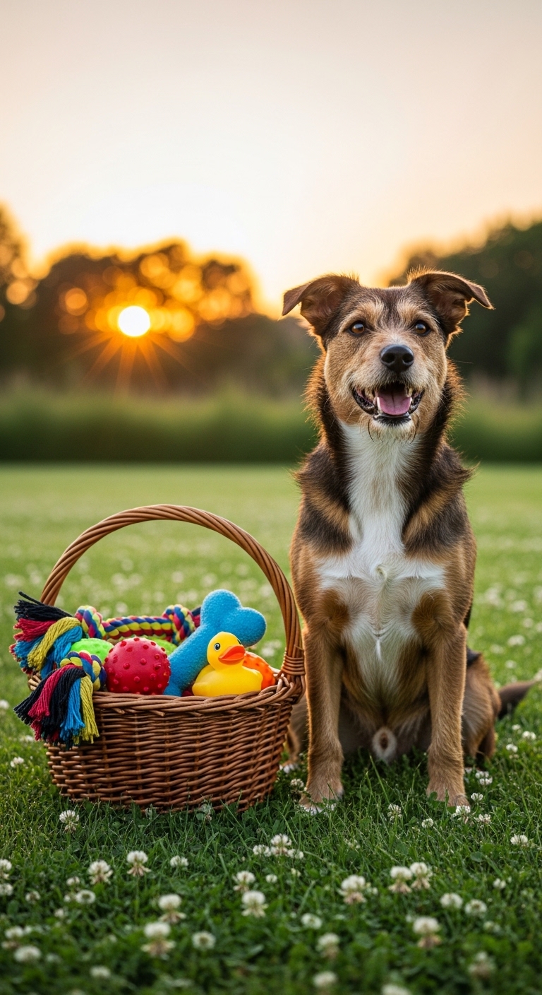 Happy dog sitting next to toy basket on green lawn