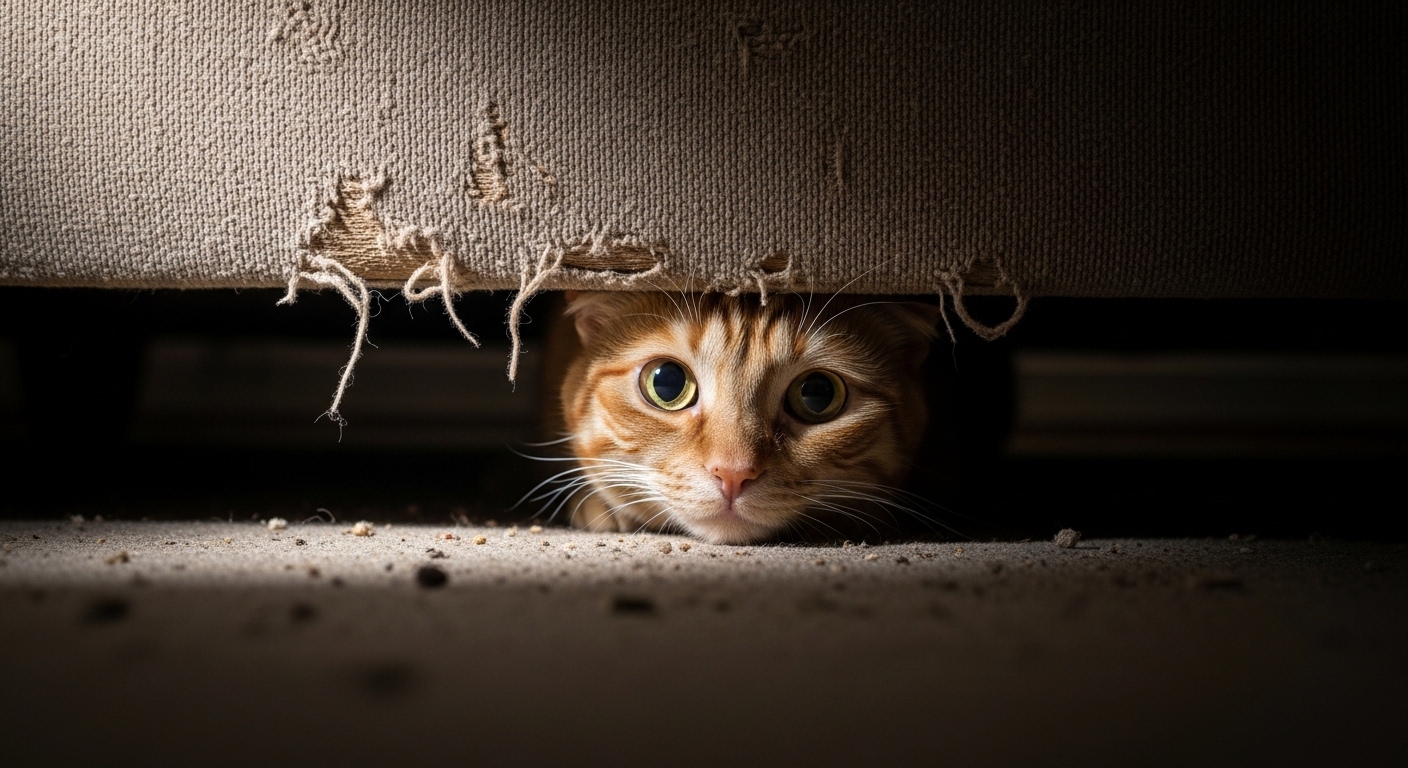 orange tabby cat hiding under a scratched couch