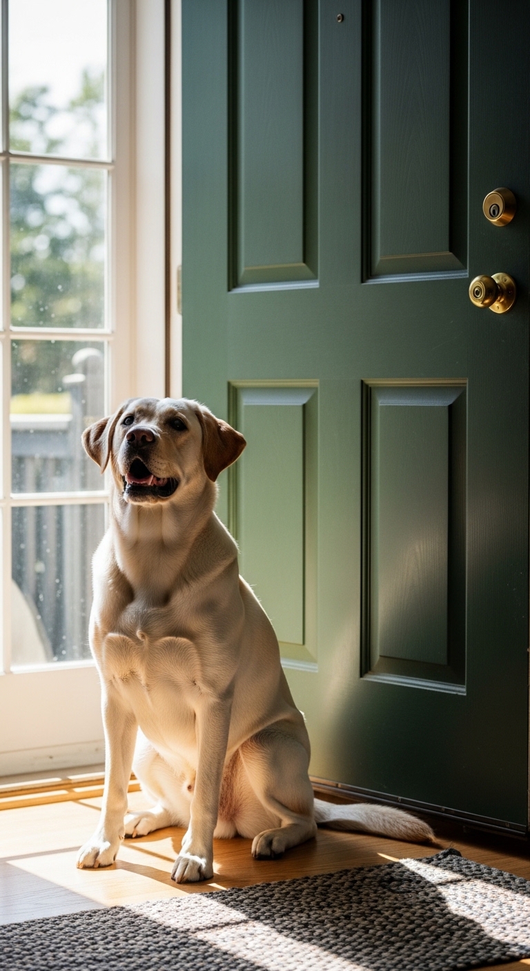 Happy Labrador sitting calmly by a front door