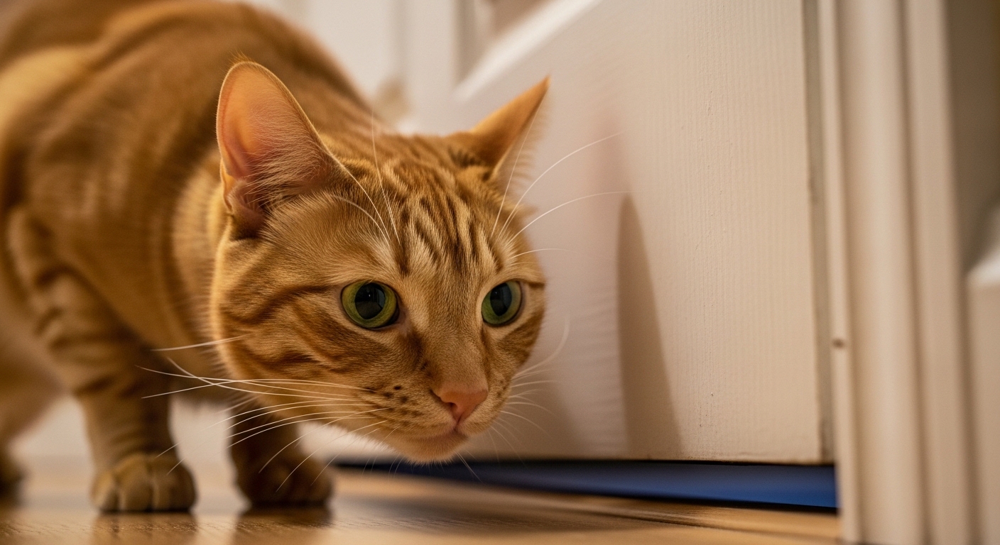 curious cat sniffing under a closed white door