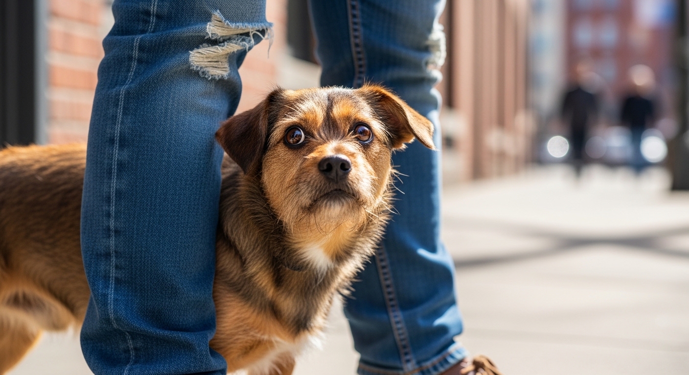 fearful brown dog hiding behind owner's legs
