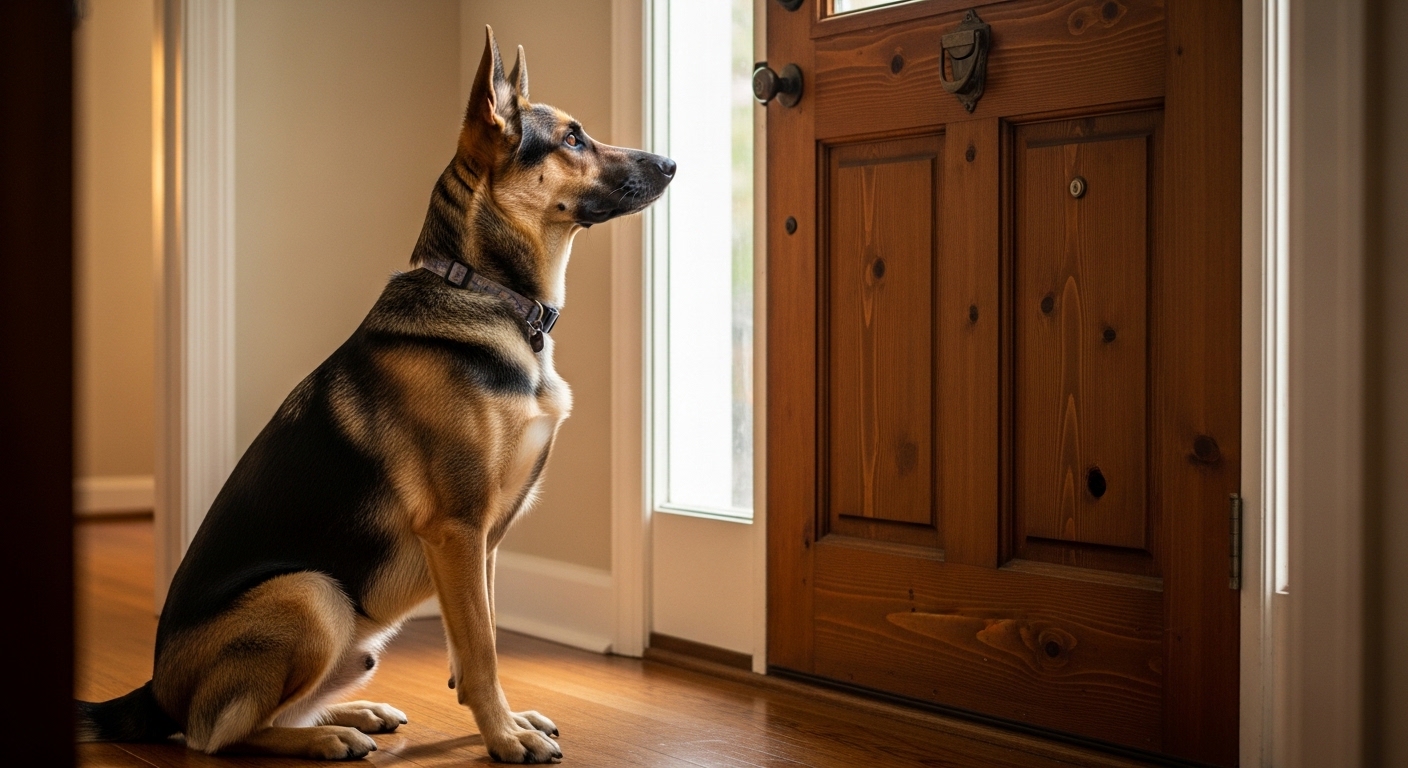 vigilant dog sitting by the front door