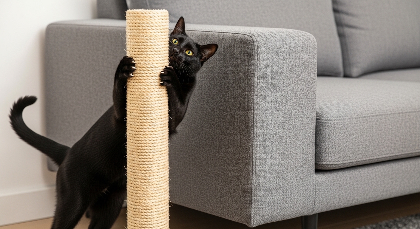 black cat scratching a tall sisal post next to sofa