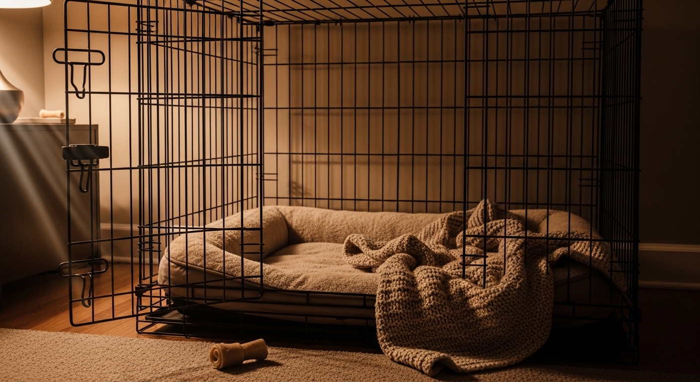 Open dog crate with a cozy bed inside