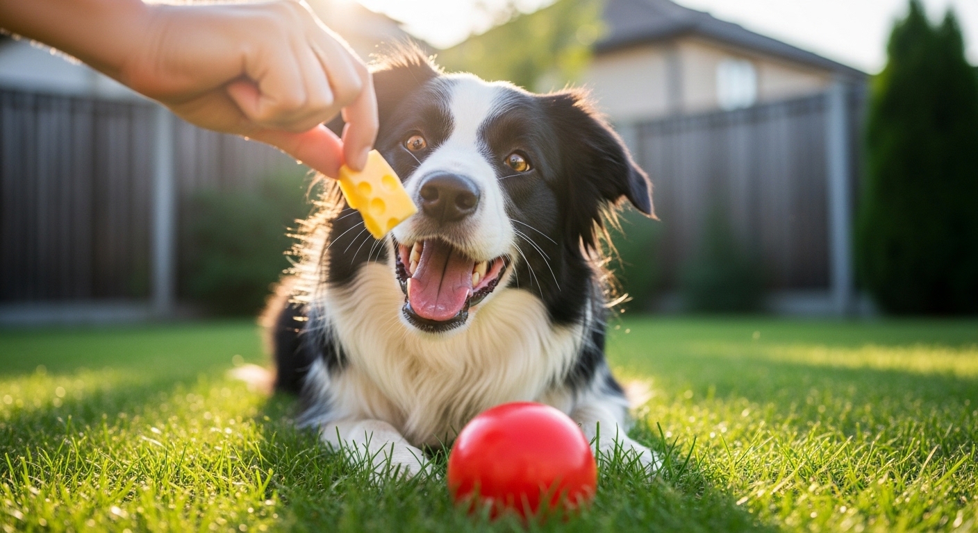 person handing a treat to dog who dropped a ball
