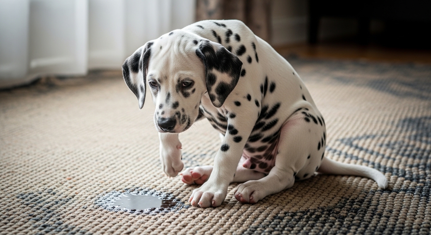 dalmatian puppy sitting near a wet spot on rug