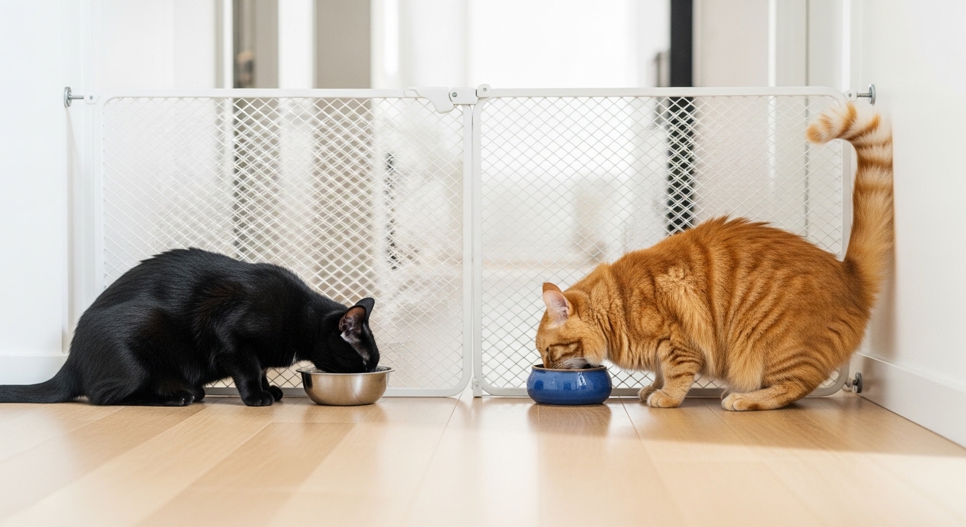 two cats eating on opposite sides of a baby gate