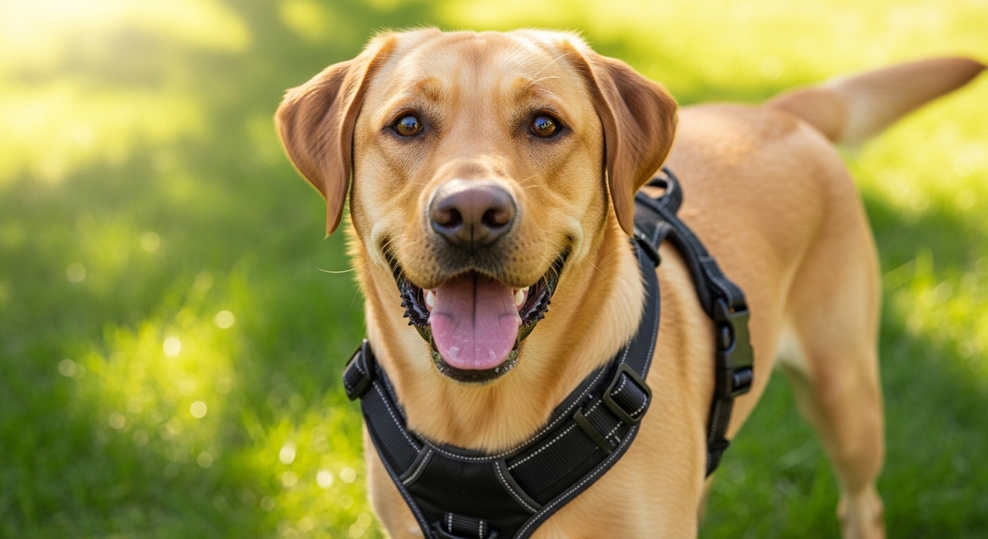 happy dog wearing a front-clip harness