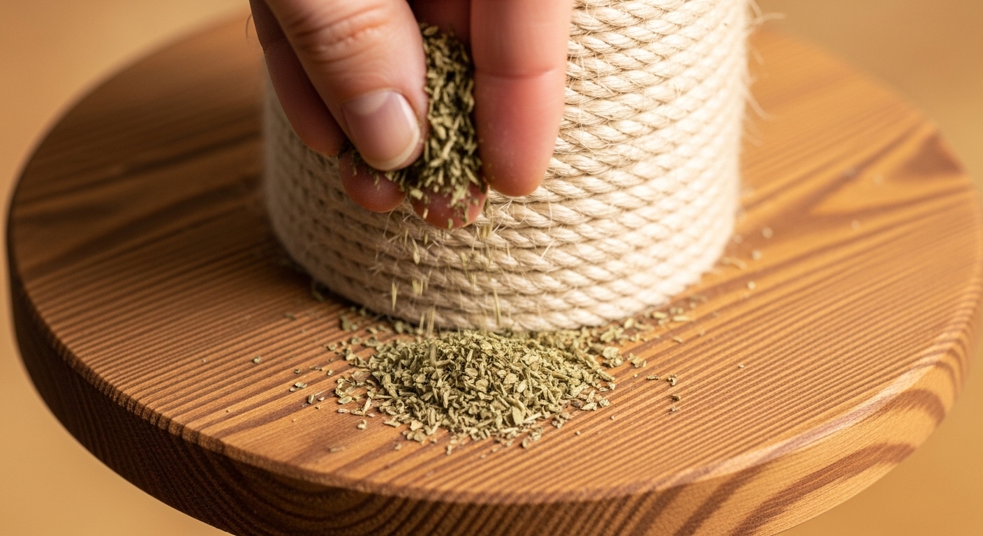 Hand sprinkling dried catnip on a scratching post base