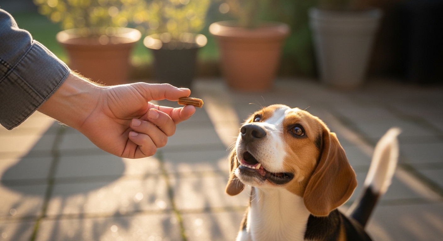 Person giving a training treat to a sitting beagle