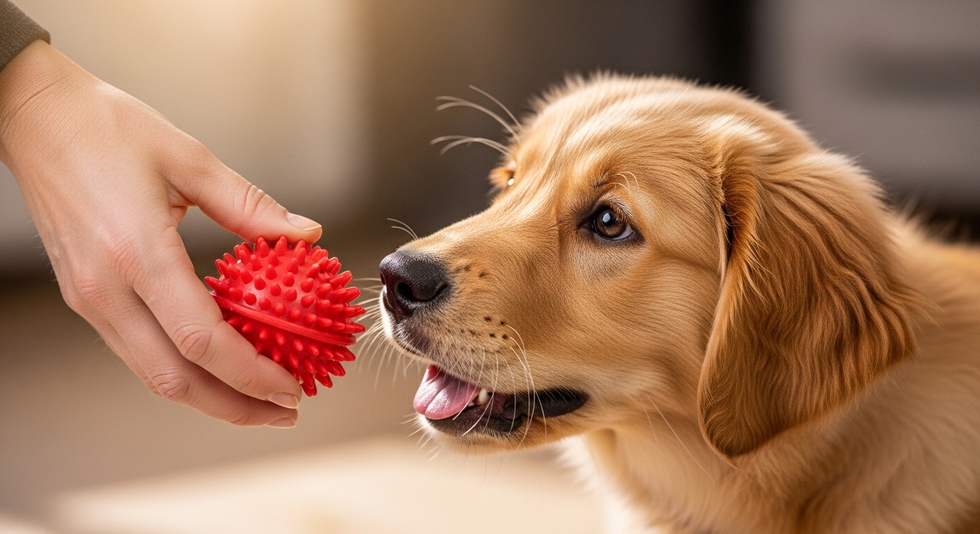 hand offering a red chew toy to a puppy
