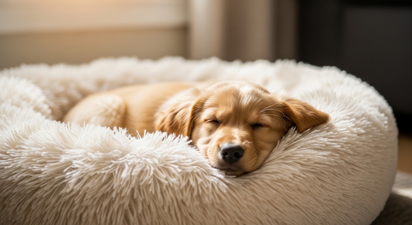 puppy sleeping peacefully in a fluffy dog bed
