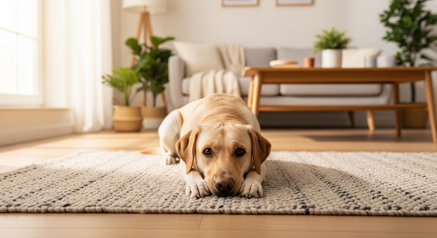 Labrador retriever practicing stay command in a living room