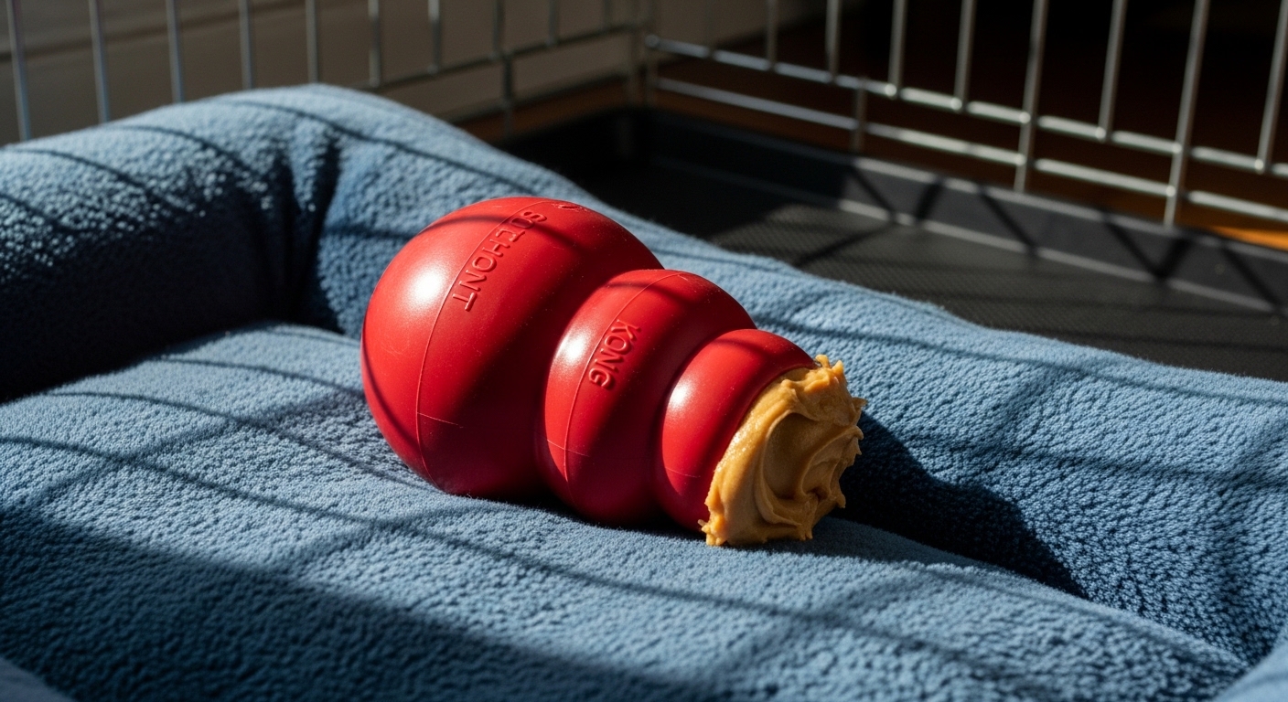chew toy filled with treats inside a wire crate